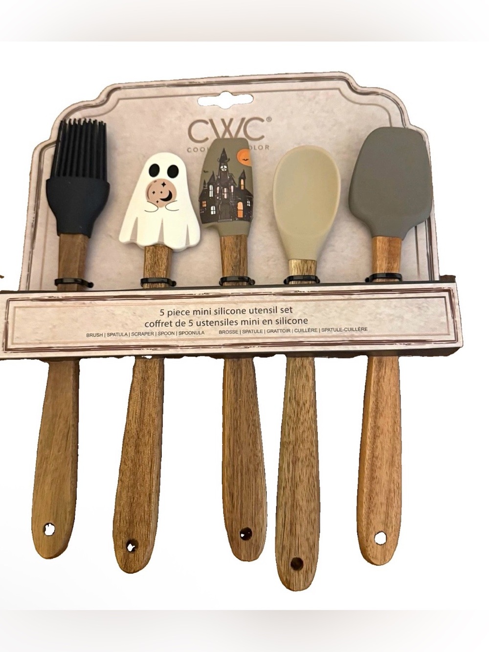 CWC 5-Piece Mini Silicone Utensil Set - Gray & Cream Halloween